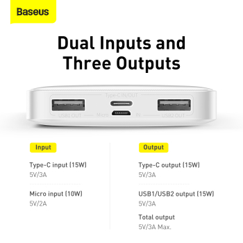 Baseus Power Bank 10000mAh Bipow 2xUSB + Typ-C 15W white